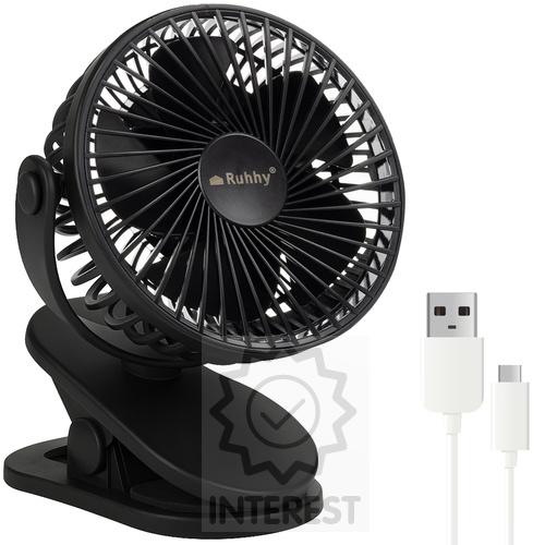 Černý bezdrátový ventilátor s klipem, stojanový 1200mAh USB-C.