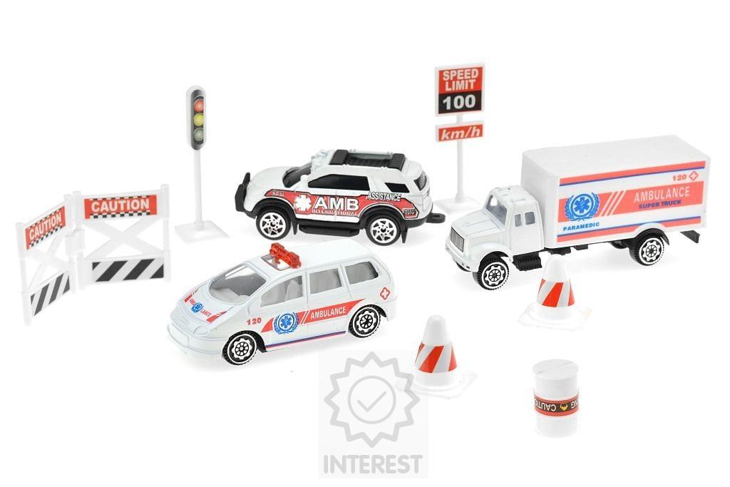 Ambulance - sada 10 ks autíček + příslušenství z litého modelu. 1:64
