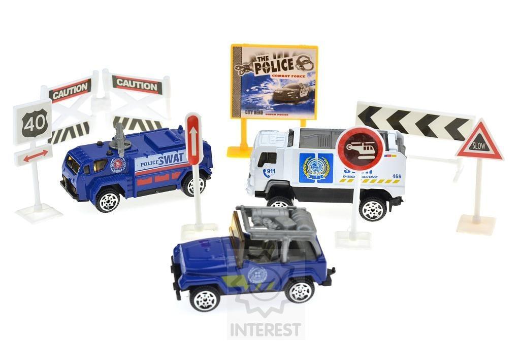 Swat - sada 10 ks autíček + příslušenství z litého modelu. 1:64