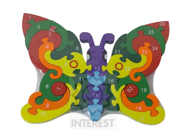 Dětské vzdělávací dřevěné puzzle - Motýl - číslice a abeceda.