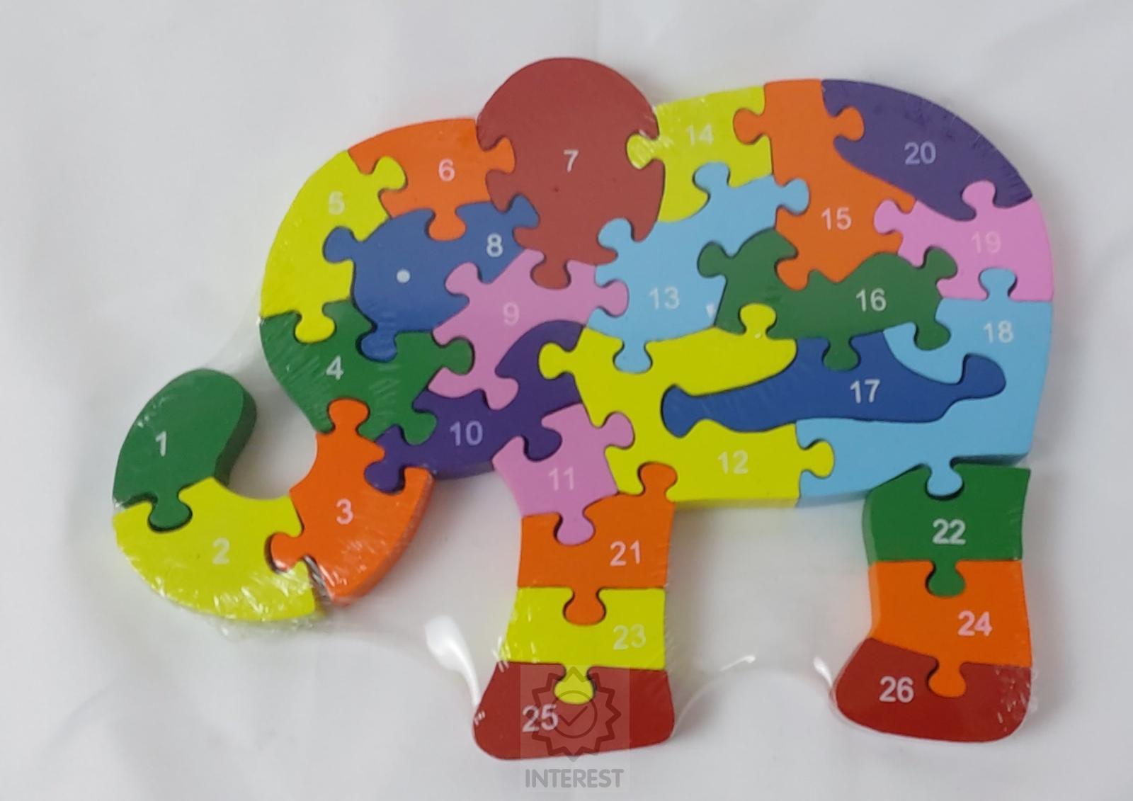 Dětské vzdělávací dřevěné puzzle - Slon - číslice a abeceda.