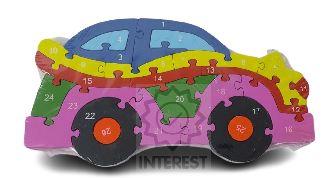 Dětské vzdělávací dřevěné puzzle - Auto - číslice a abeceda.