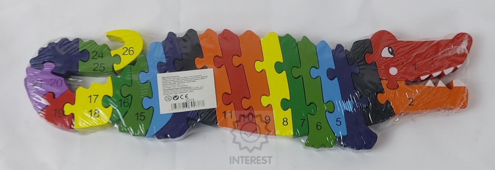 Dětské vzdělávací dřevěné puzzle - Krokodýl - číslice a abeceda.