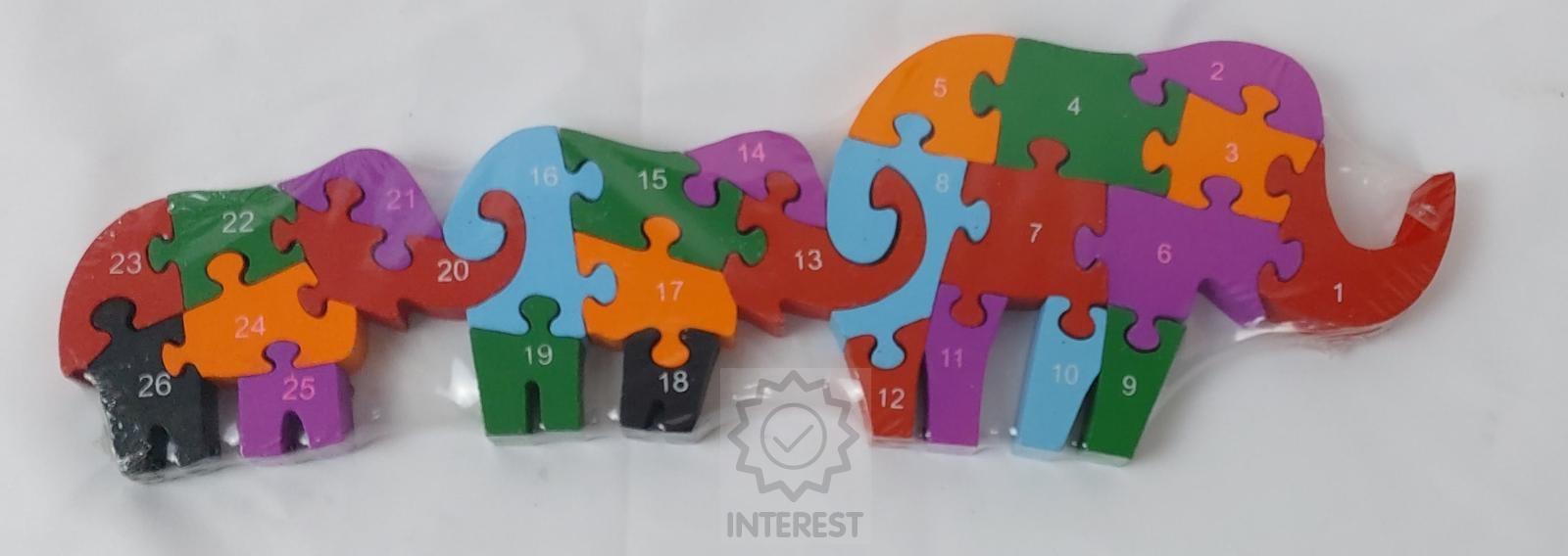 Dětské vzdělávací dřevěné puzzle - Sloni - číslice a abeceda.