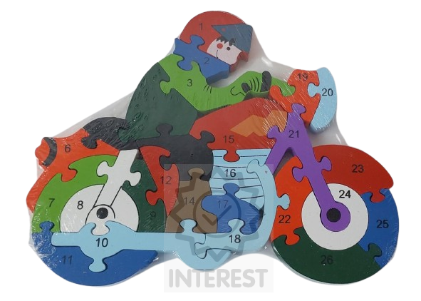 Dětské vzdělávací dřevěné puzzle - Motorkář - číslice a abeceda.