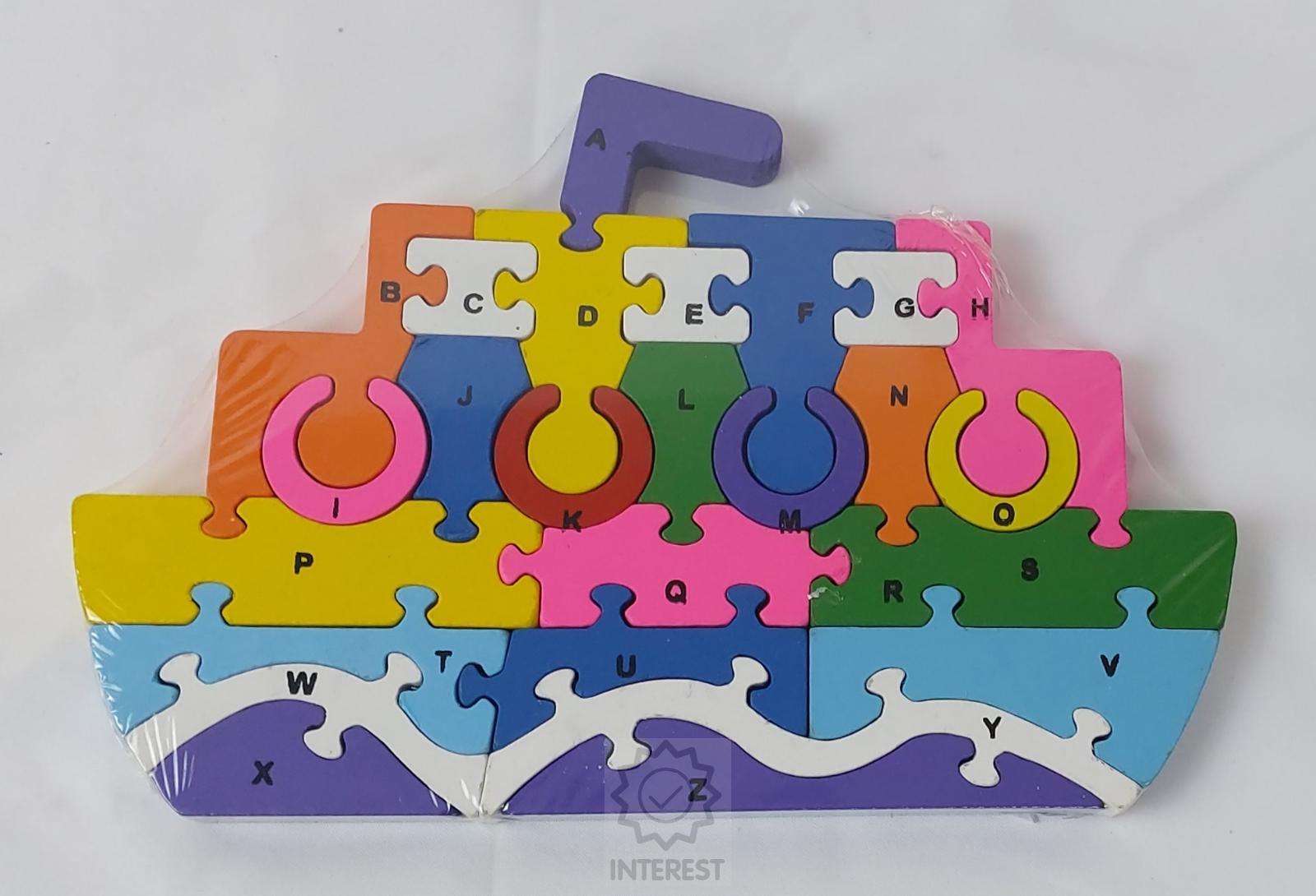 Dětské vzdělávací dřevěné puzzle - Parník - číslice a abeceda.