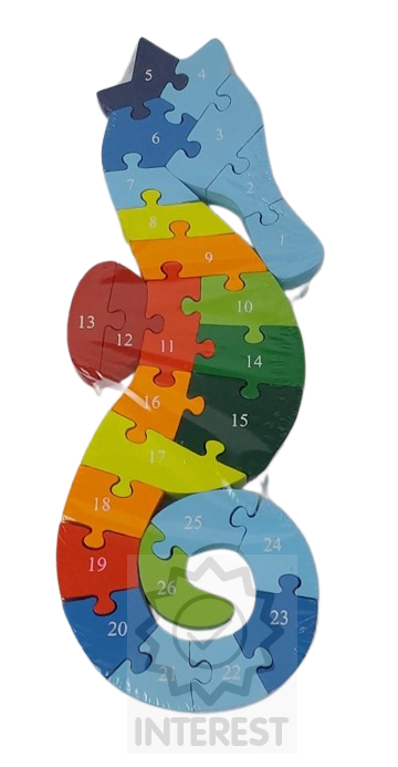 Dětské vzdělávací dřevěné puzzle - Mořský koník - číslice a abeceda.