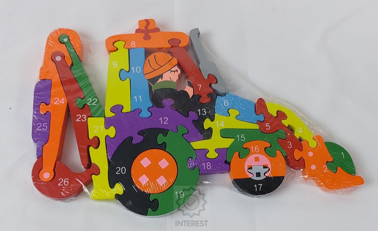 Dětské vzdělávací dřevěné puzzle - Bagr - číslice a abeceda.
