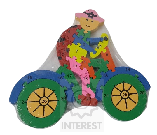 Dětské vzdělávací dřevěné puzzle - Motorkář - číslice a abeceda.