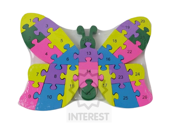 Dětské vzdělávací dřevěné puzzle - Motýl - číslice a abeceda.