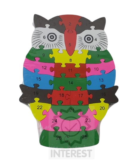 Dětské vzdělávací dřevěné puzzle - Sova - číslice a abeceda.