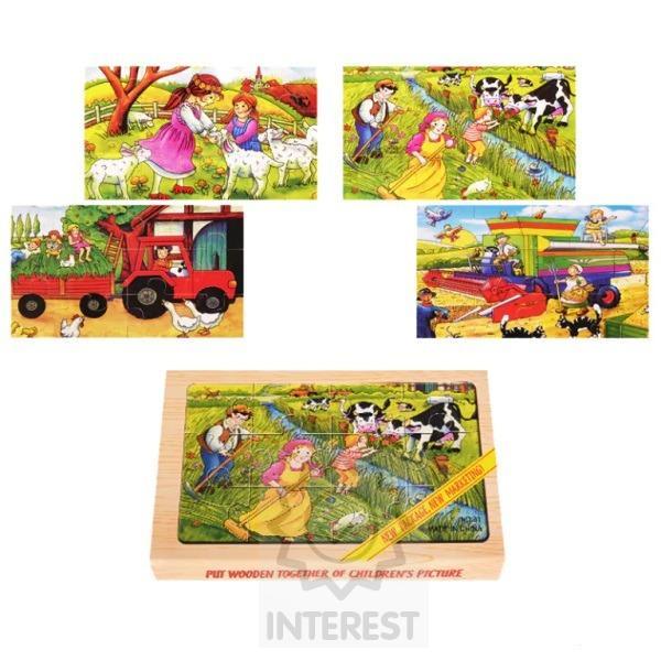 Dřevěné Obrázkové puzzle farma a zvířata 4 V 1.
