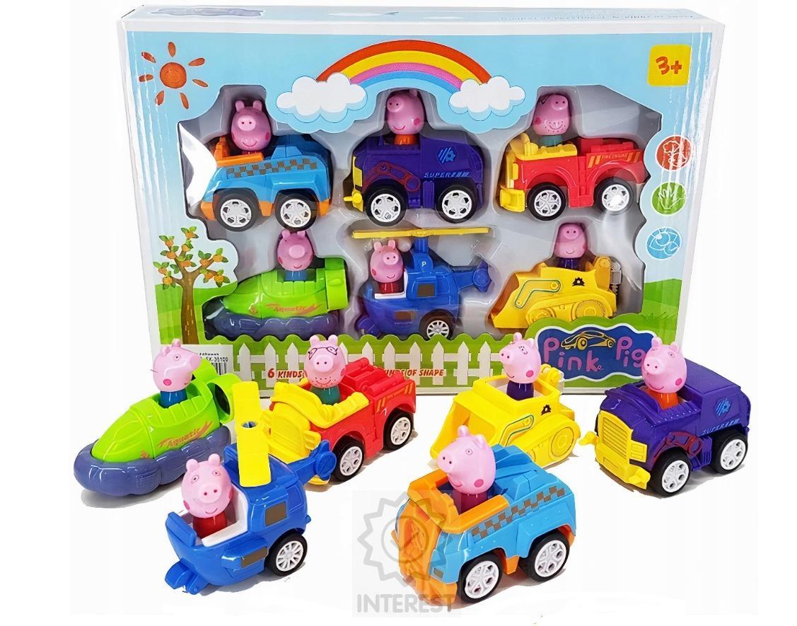 Prasátko Peppa - Sada 6 autíček + figurky na setrvačník.