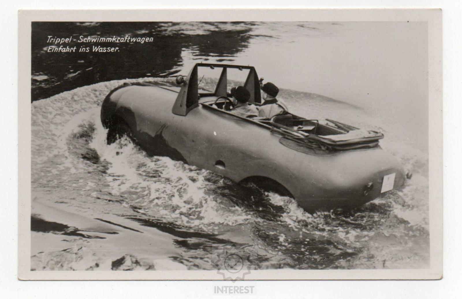 Pohlednice - Trippel plovoucí auto vjíždějící do vody. (č.8)