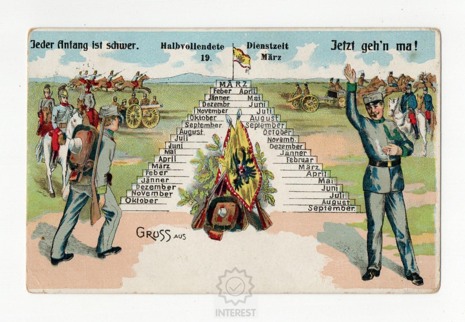 Pohlednice - Vojenský pozdrav s kalendářem, cca 1904. (č.8).