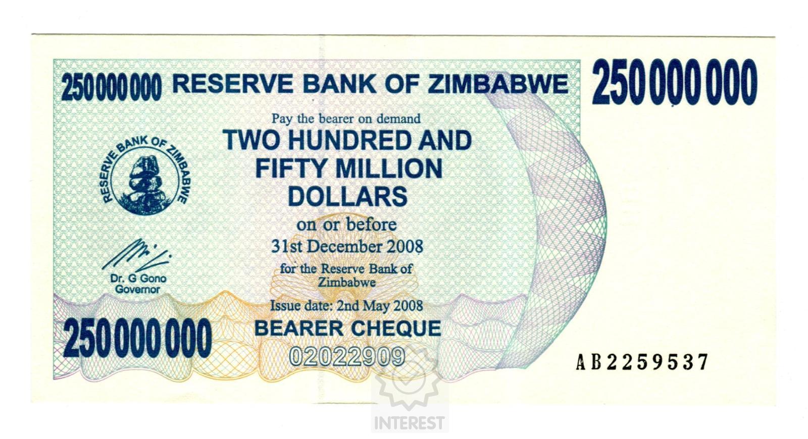 Zimbabwe - 250 000 000 Dollars 2008. Série AB UNC