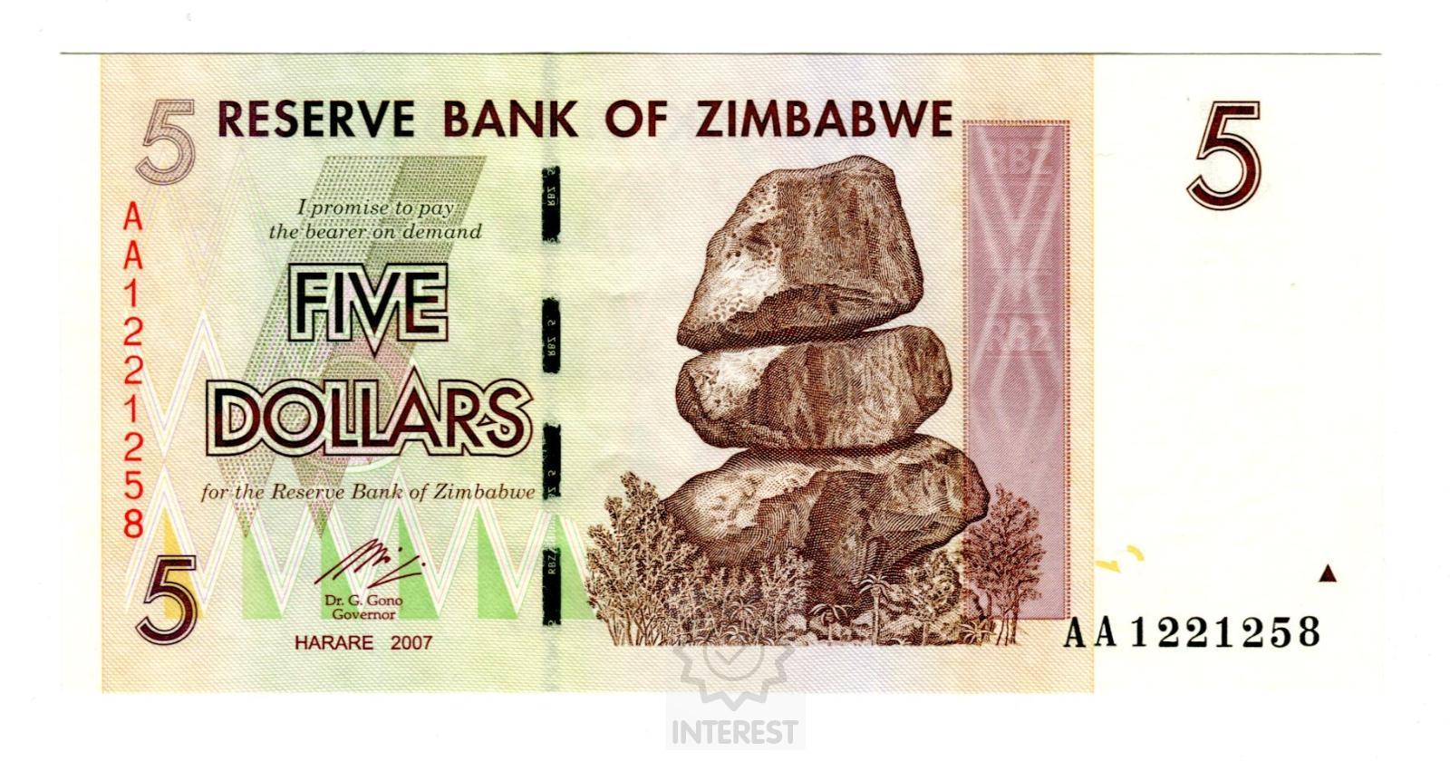 Zimbabwe - 5 Dollars 2007 UNC