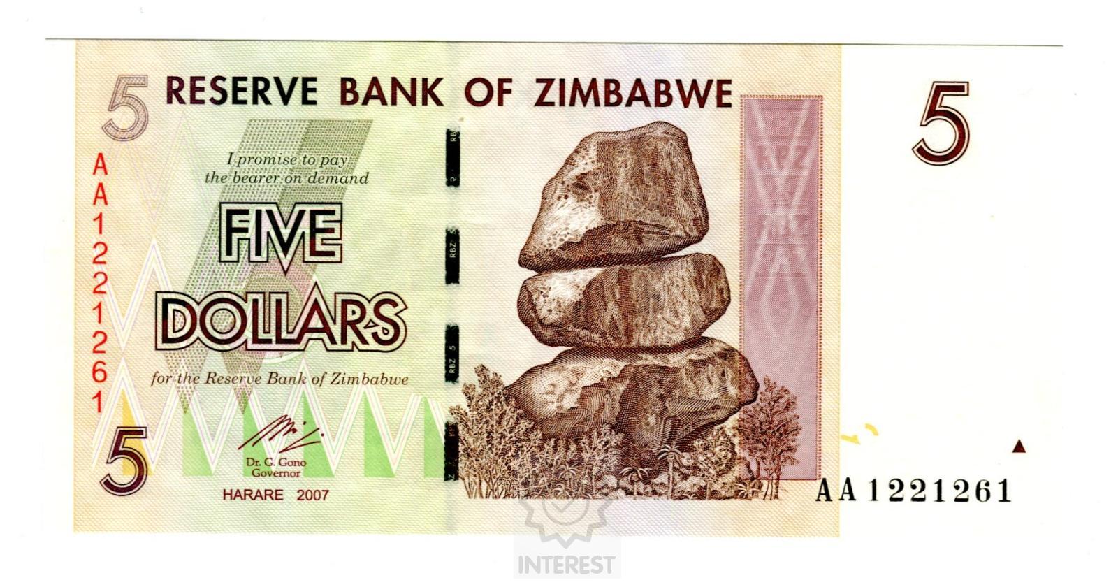 Zimbabwe - 5 Dollars 2007 UNC