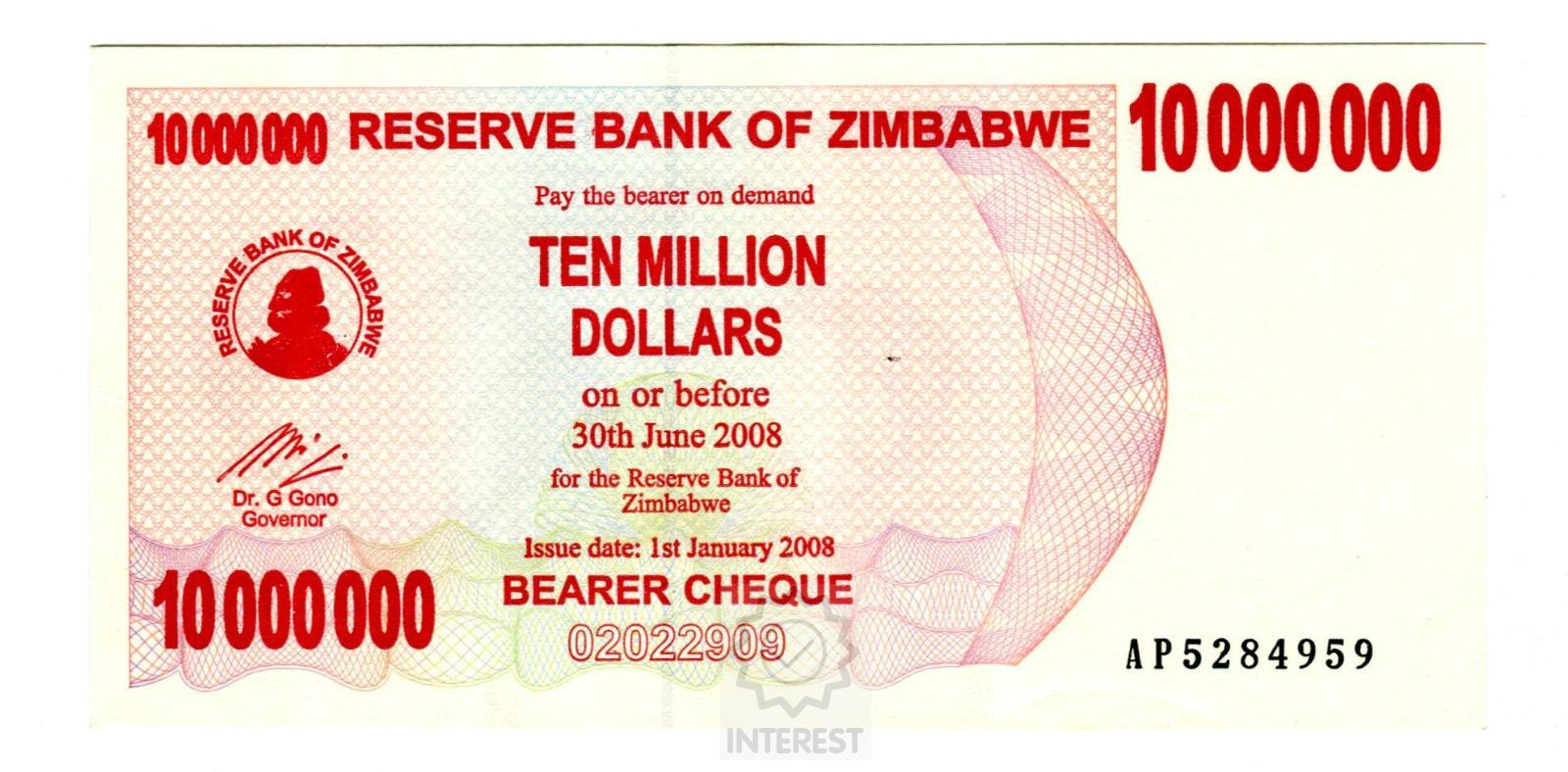 Zimbabwe - 10 000 000 Dollars 2008. UNC