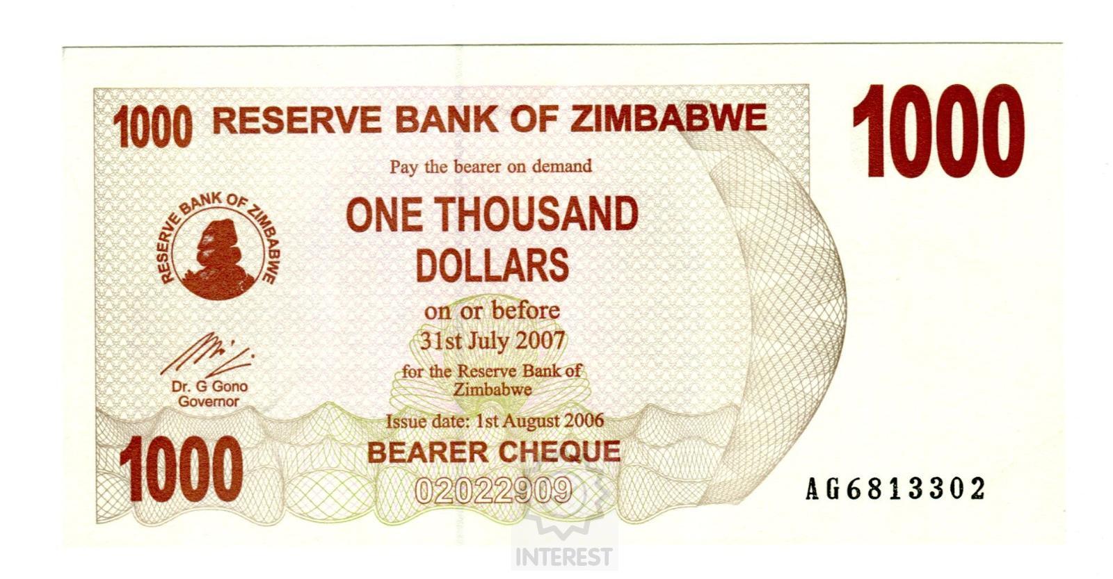 Zimbabwe - 1000 Dollars 2007. UNC