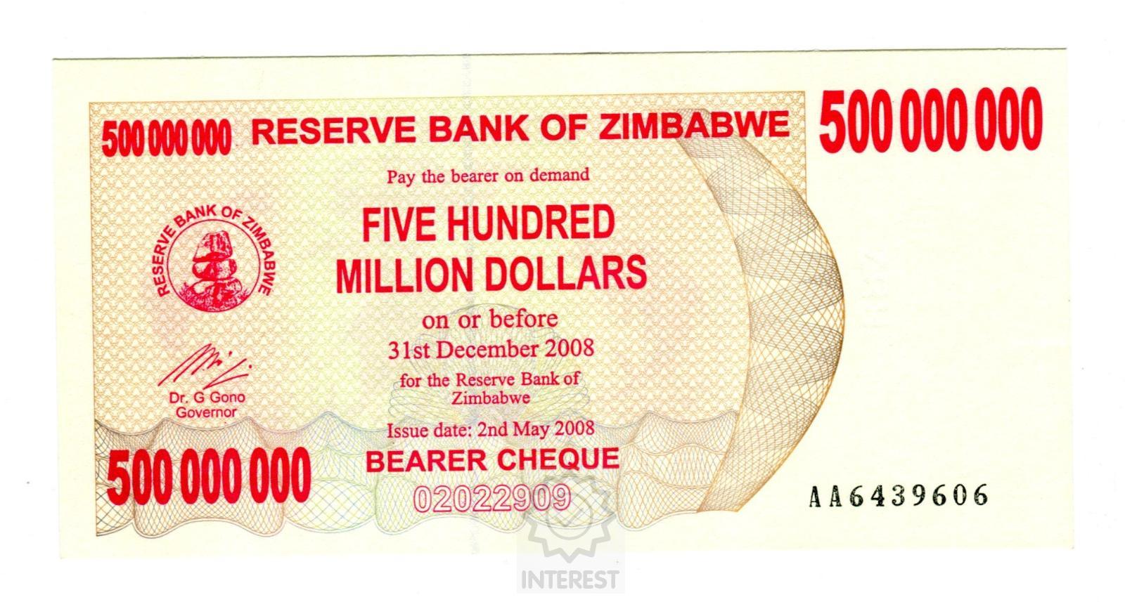 Zimbabwe - 500 000 000 Dollars 2008. UNC