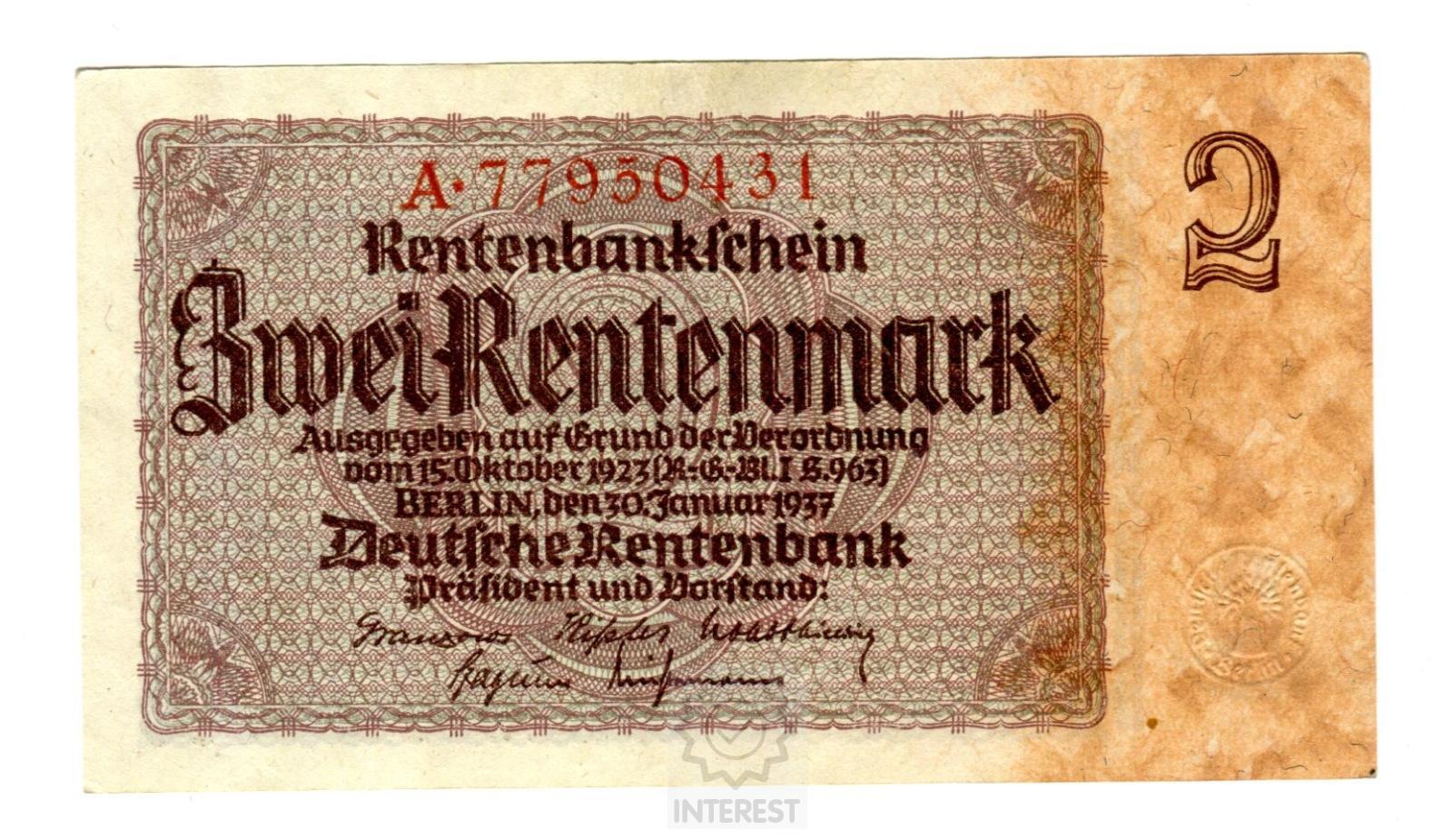 Německo - 2 Rentenmark 1937. Série A. UNC