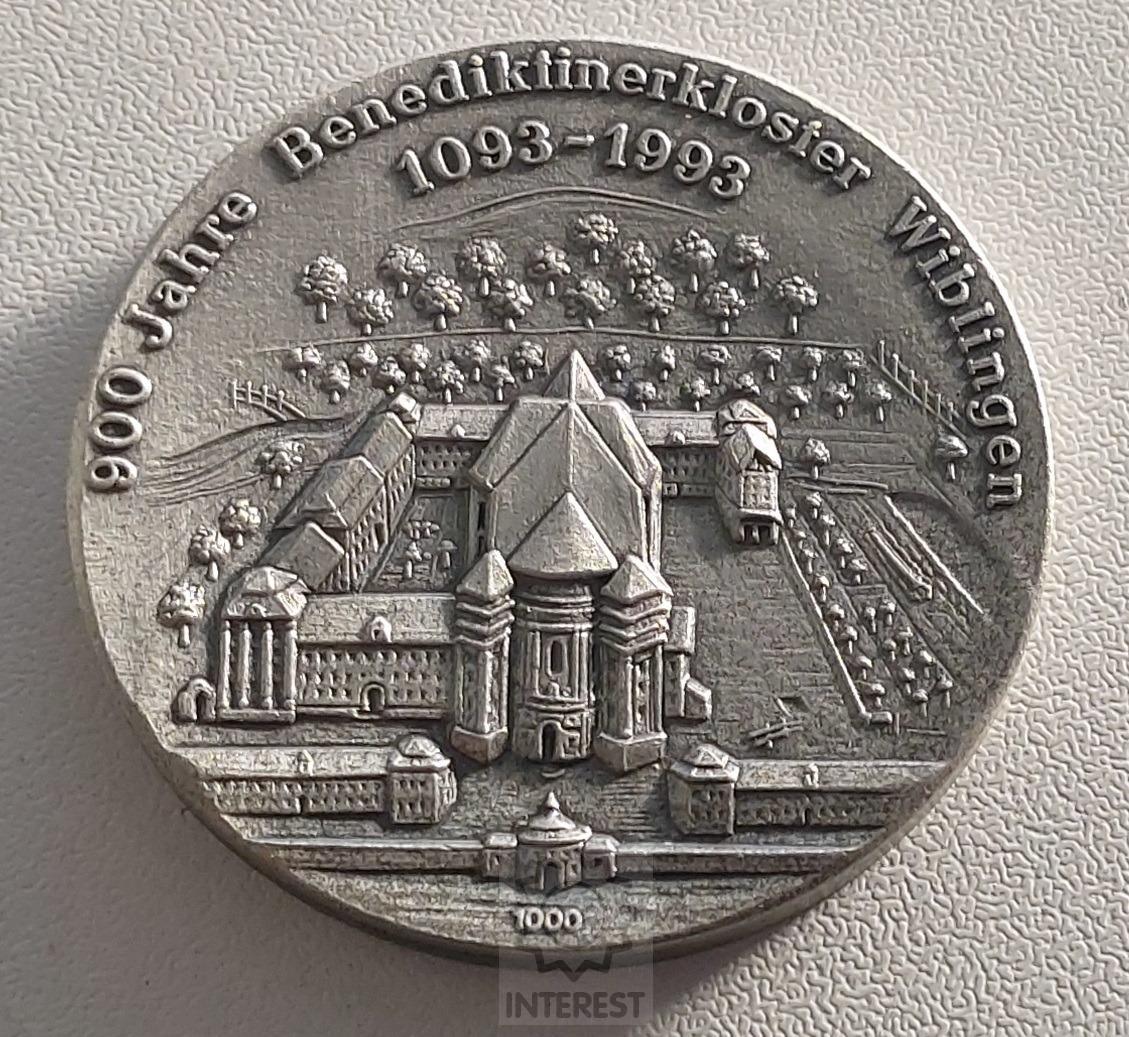 Medaile - 900 let benediktinský klášter Wiblingen 1093 - 1993. Ag