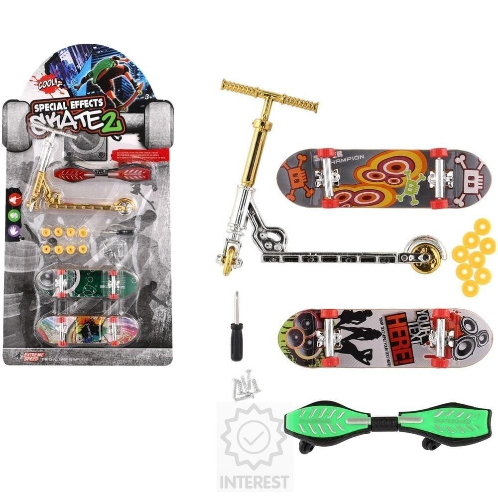 Sada skateboard šroubovací, koloběžka prstová, waveboard s doplňky.