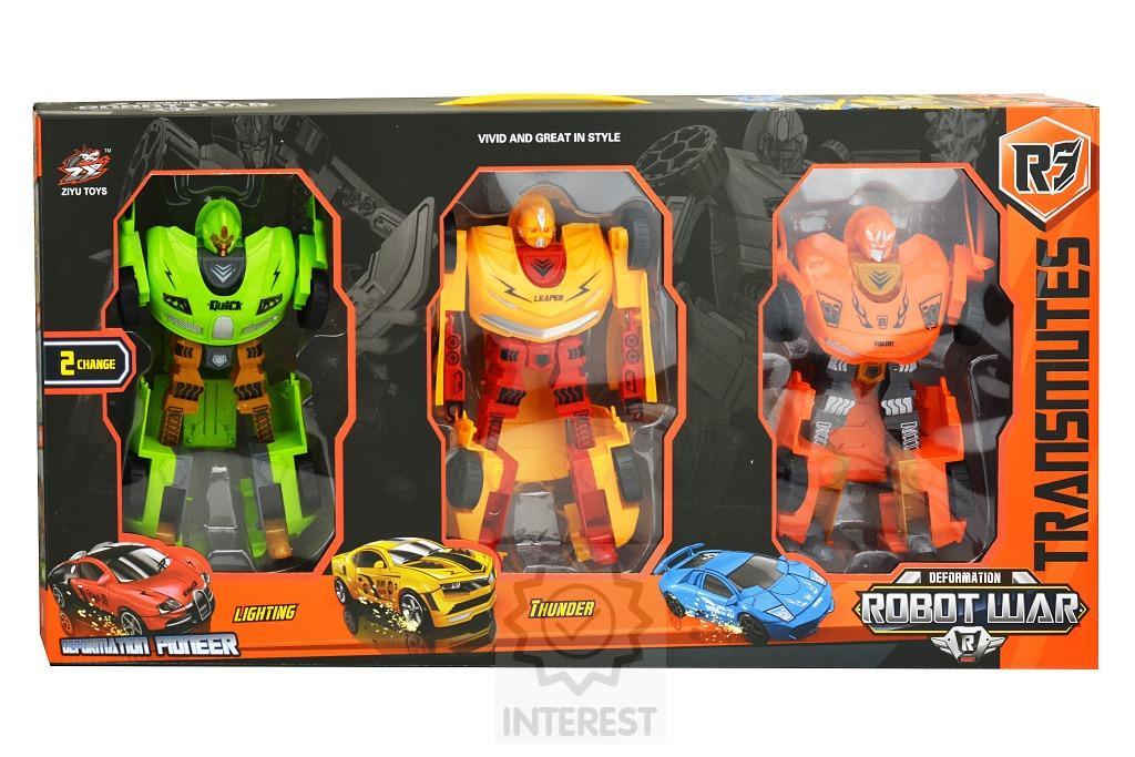 Transformační roboti - 3ks, zelený, žlutý, oranžový.