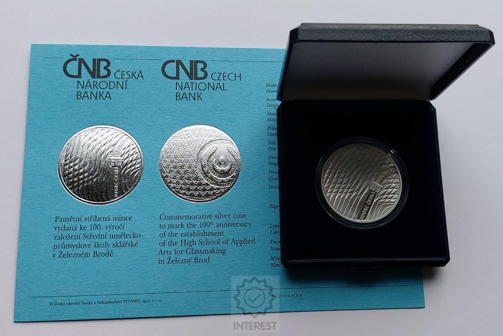 200 Kč Založení SUPŠ sklářské v Železném Brodě 100. výročí 2020 PROOF.