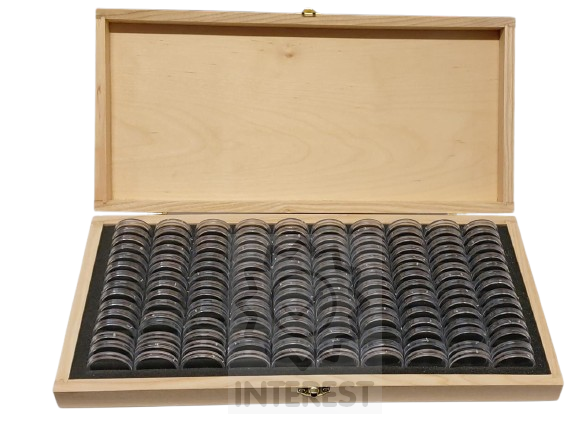 Dřevěná krabička na 150 Ks kapslí (mincí) do vnějšího průměru 37mm