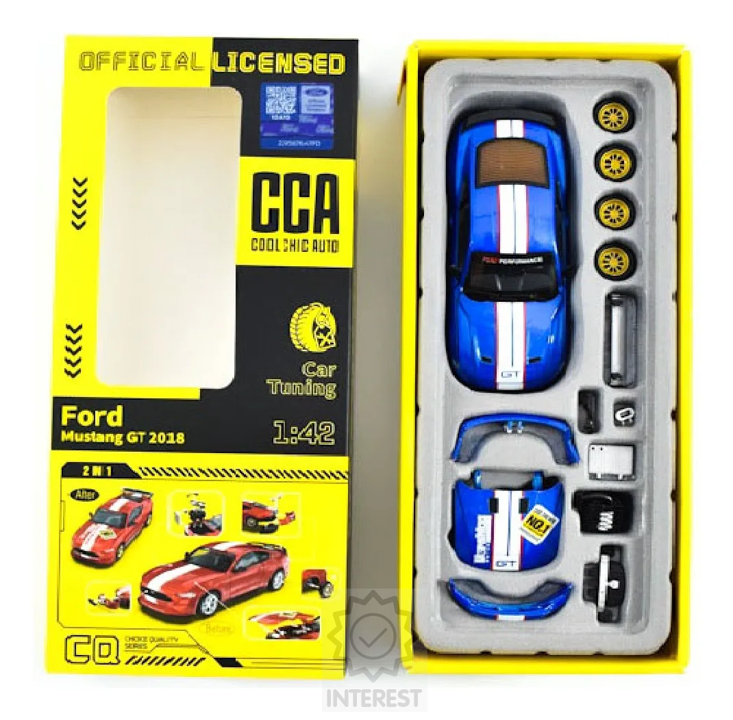 Kovový model auta - 1:42 Ford Mustang GT + příslušenství. Modrý